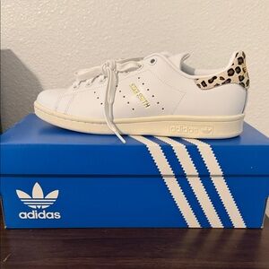 adidas White Leather Sneakers with Leopard Heel Tab
